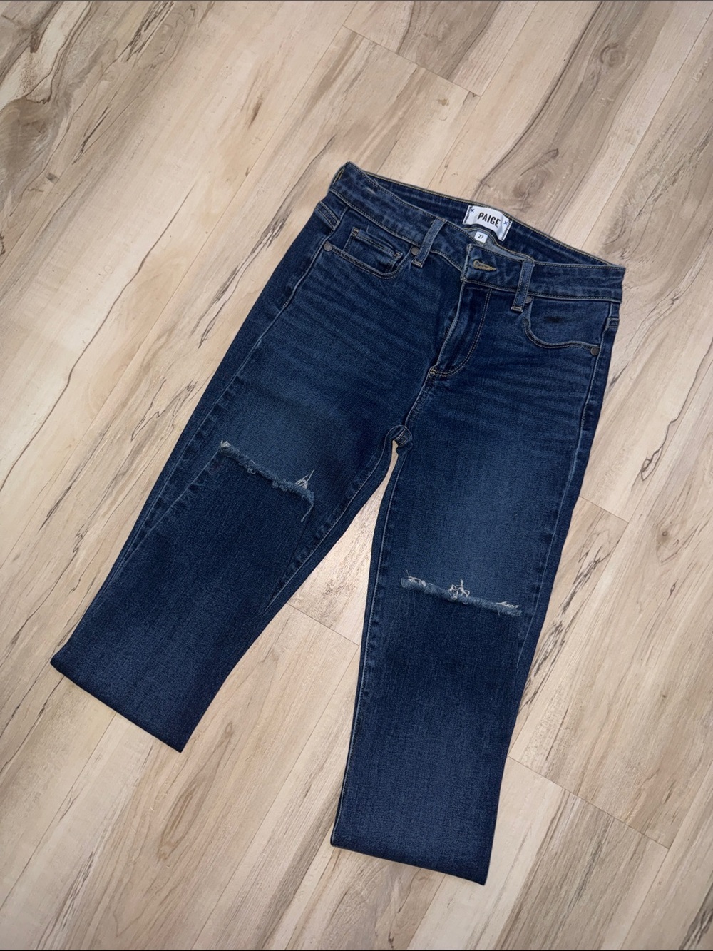 PAIGE Dark Indigo Straight Leg Jeans with Knee Rips